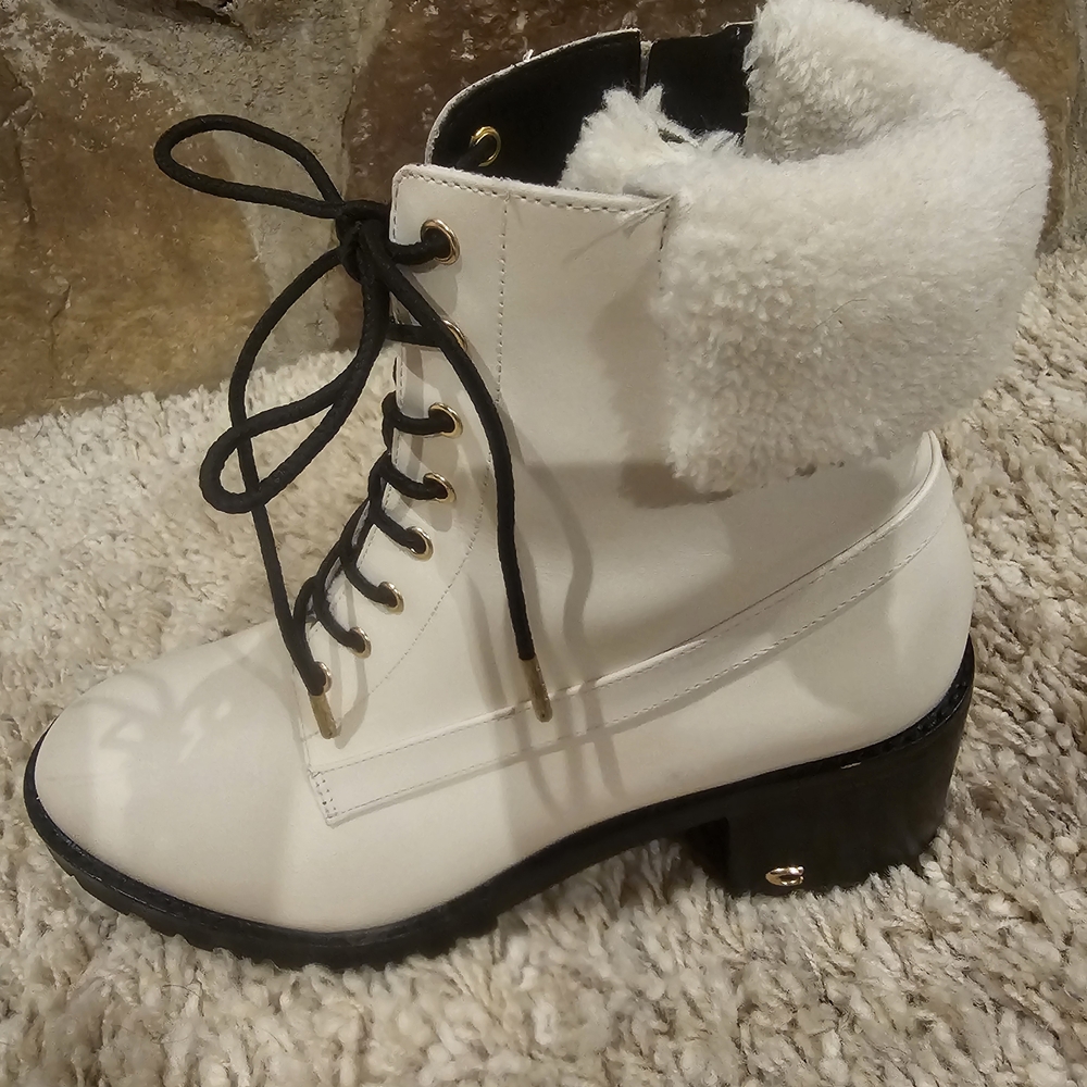 Coach White Lace-Up Boots with Fur Trim